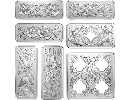 Together, the designs for the Caibai series of seven 30g platinum investment bars symbolise the Chinese character for good fortune. Picture credit: Caibai