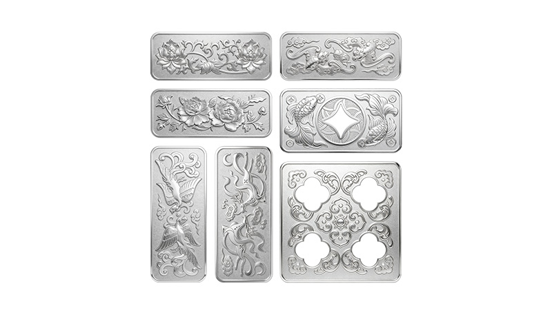 Together, the designs for the Caibai series of seven 30g platinum investment bars symbolise the Chinese character for good fortune. Picture credit: Caibai